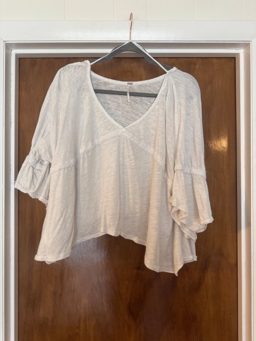 Free People Top Women's XL Ivory V Neck Bell Sleeve Oversized Boho Slub Knit